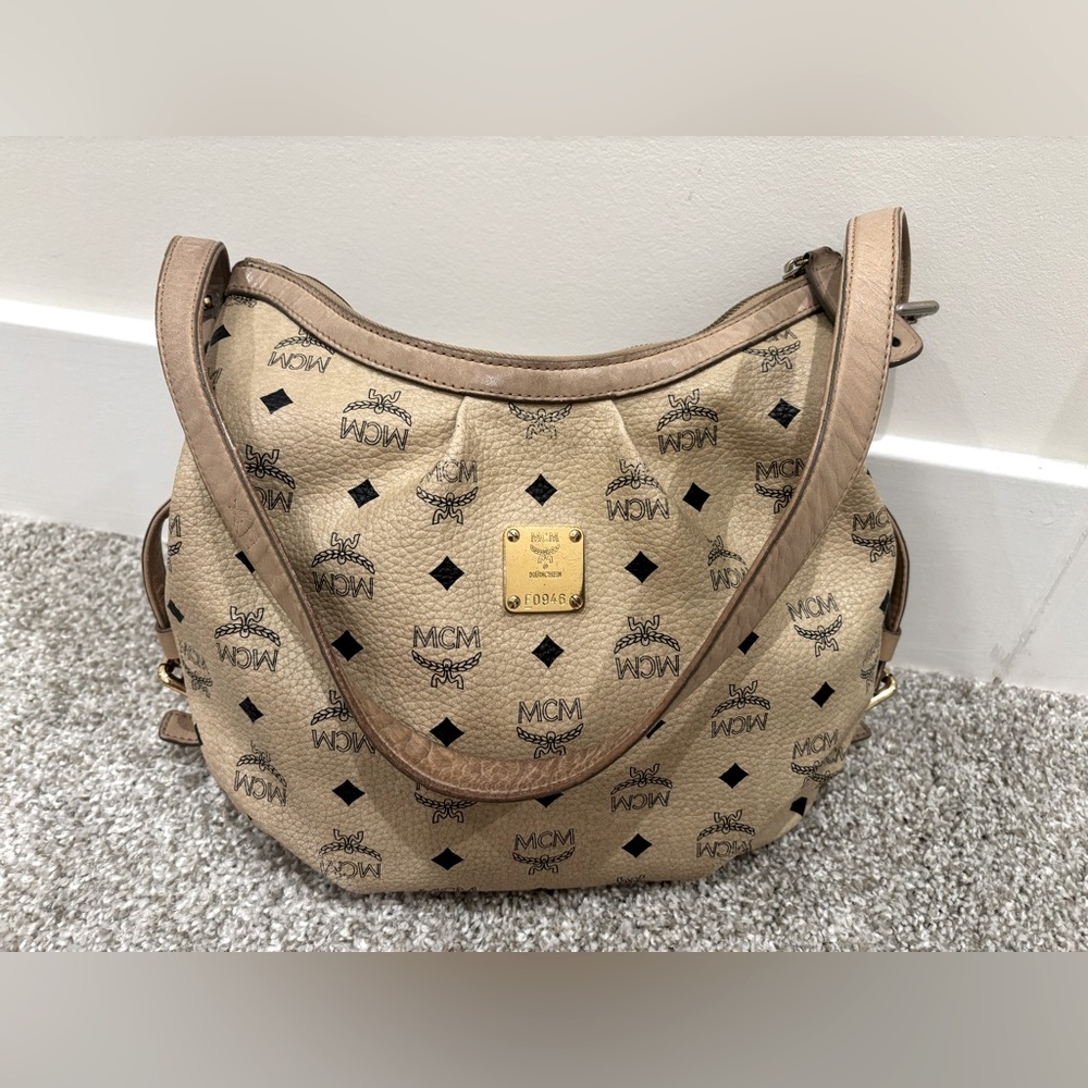 MCM Tan Monogram Shoulder Bag with Gold Hardware